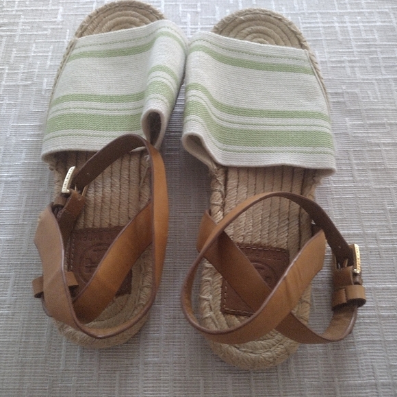 Tory Burch Logo Espadrille Sandals Shoes Womens Sz 8.5 Brown Green Beige Strappy - Picture 11 of 13